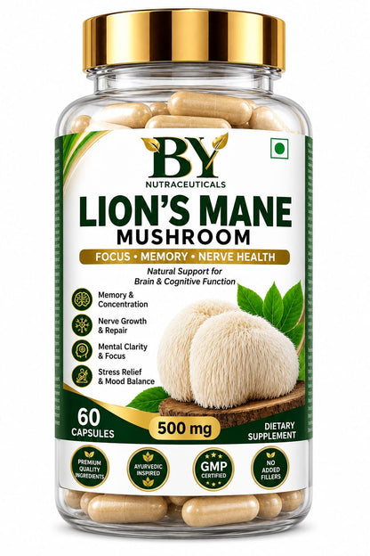 **BY Lion’s Mane Mushroom 500 mg – 60 Capsules | Focus, Memory & Nerve Health**