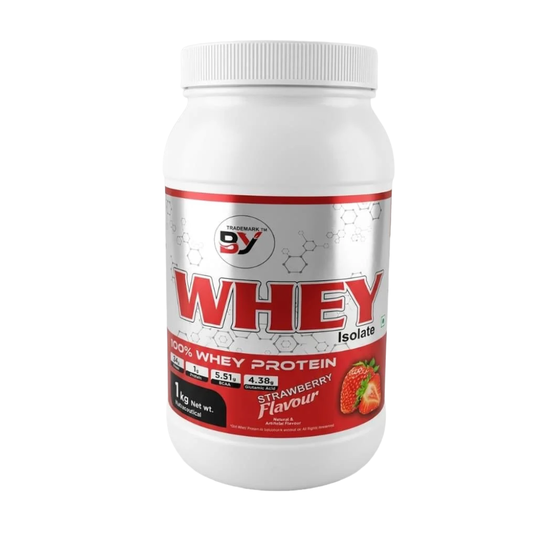 BY 100% Whey Protein Isolate – Strawberry Flavour | 24g Protein, 5.51g BCAA & 4.38g Glutamine per Serving | 1kg