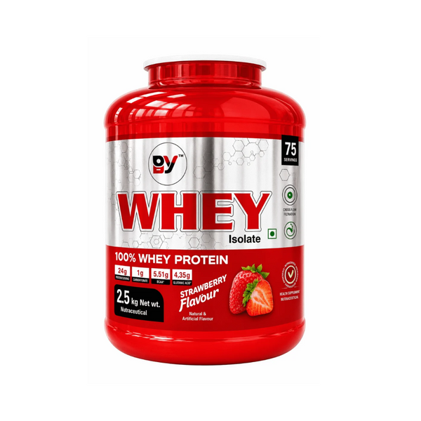 BY 100% Whey Protein Isolate – Strawberry Flavour | 24g Protein, 5.51g BCAA & 4.35g Glutamic Acid | 2.5kg | 75 Servings