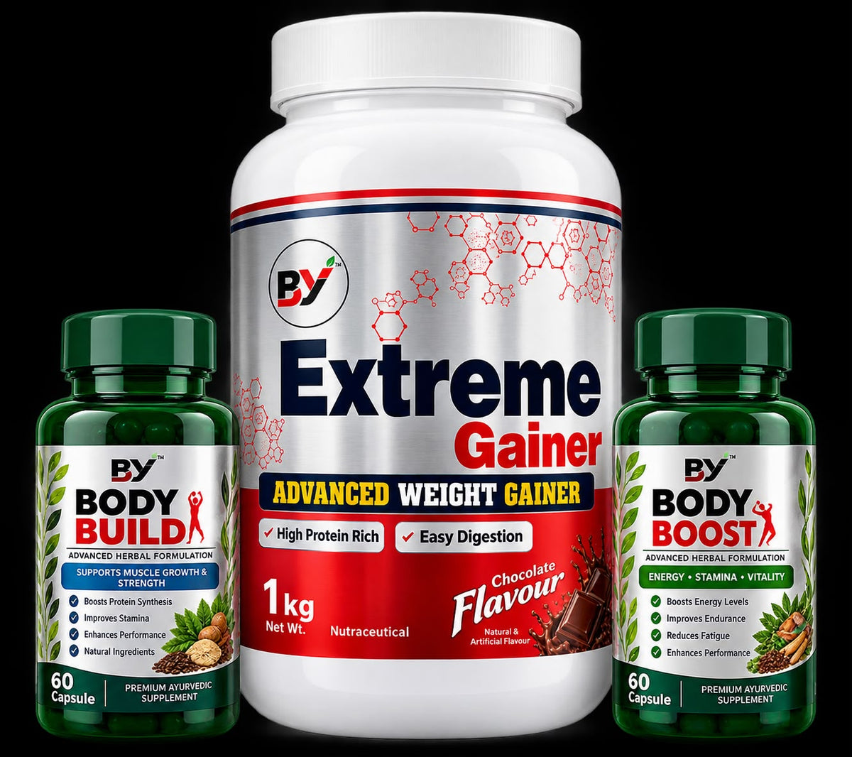 BY Nutrition Weight Gain Kit – 1 kg Extreme Gainer + Body Boost Capsules (60) + Body Build Capsules (60) | 3-Product Combo