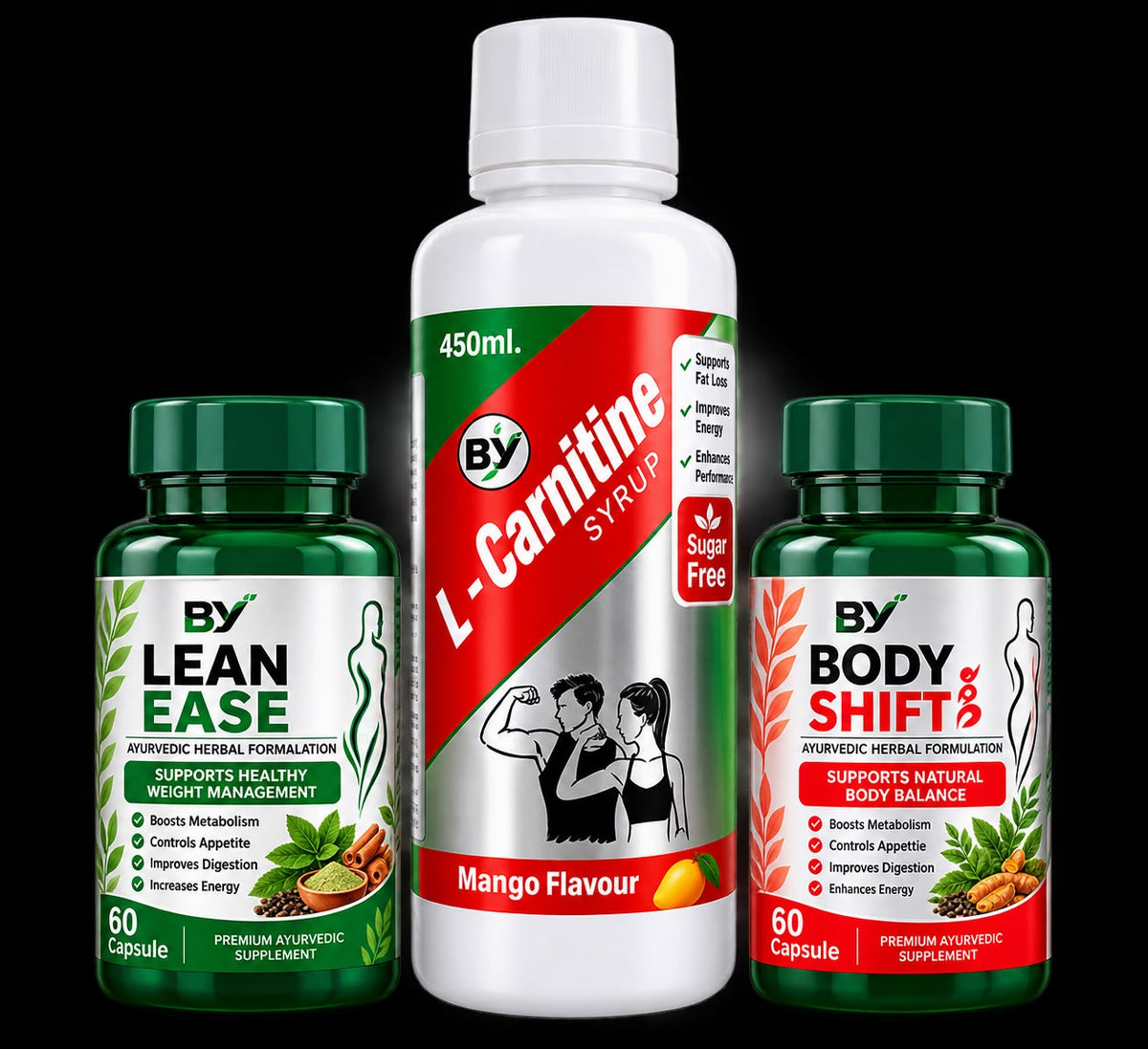BY Nutrition Weight Loss Kit – L-Carnitine Syrup + Lean Ease Capsules + Body Shift Capsules | 3-Product Combo